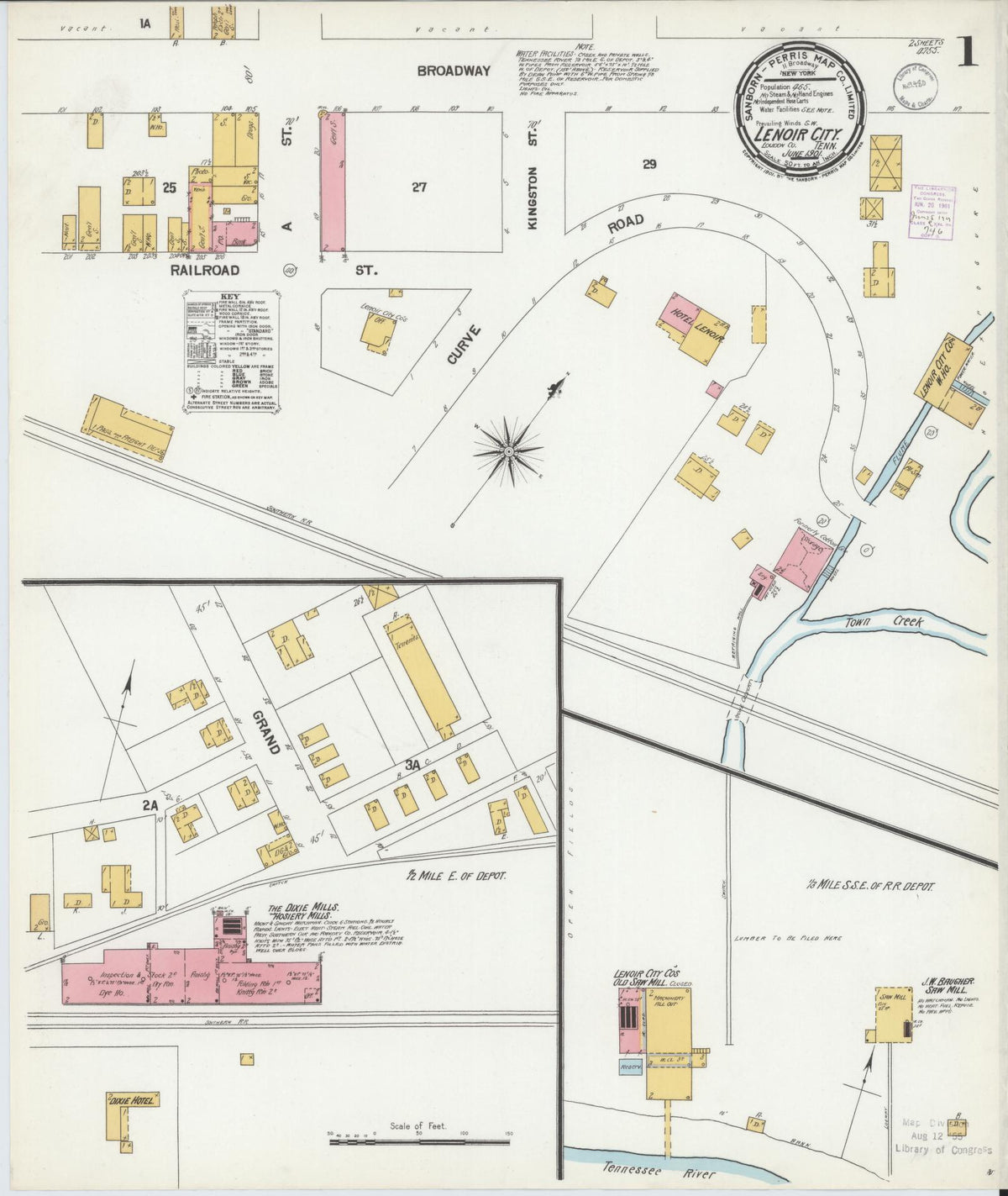 Sanborn Fire Insurance Map from Lenoir City, Loudon County, Tennessee (1901), Sheet #0001 - Historic Sanborn Fire Insurance Map Print, vintage old map wall art, antique decor, genealogy gift, Tennessee Tennessee map