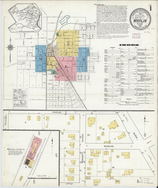 Sanborn Fire Insurance Map from Marlin, Falls County, Texas (1916), Sheet #0001 - Complete Map Set gallery image, historic Sanborn map, vintage wall art, Texas Texas