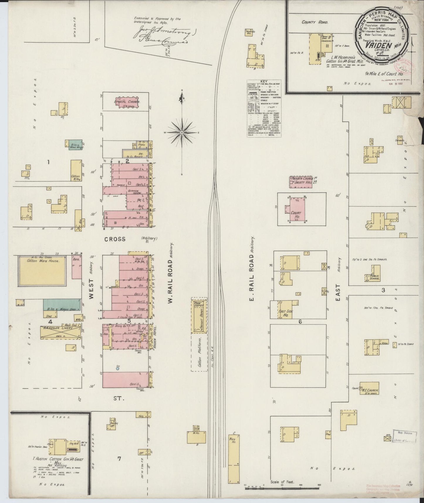 Sanborn Fire Insurance Map from Vaiden, Carroll County, Mississippi (1894), Sheet #0001 - Historic Sanborn Fire Insurance Map Print, vintage old map wall art, antique decor, genealogy gift, Mississippi Mississippi map