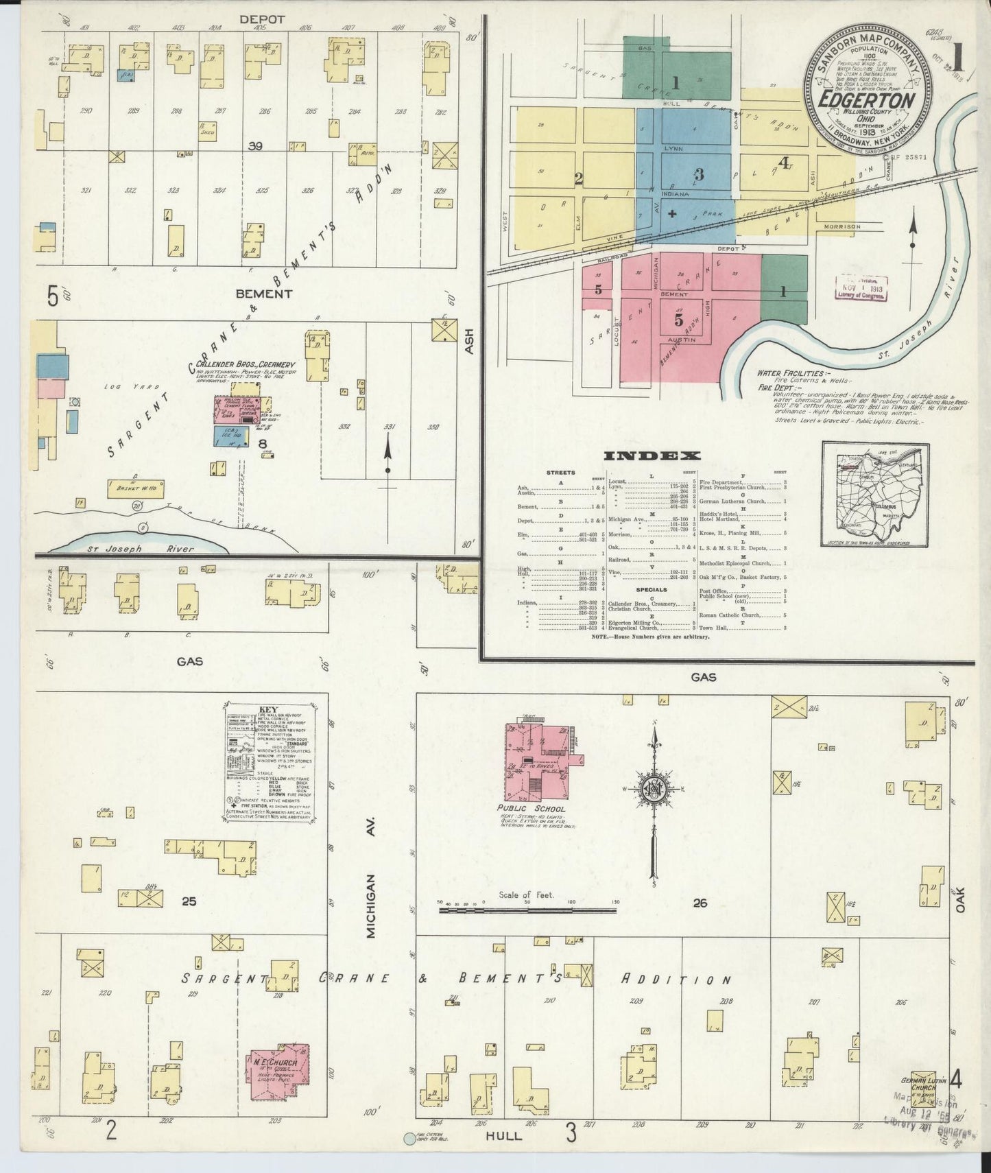 Sanborn Fire Insurance Map from Edgerton, Williams County, Ohio (1913), Sheet #0001 - Historic Sanborn Fire Insurance Map Print, vintage old map wall art, antique decor, genealogy gift, Ohio Ohio map