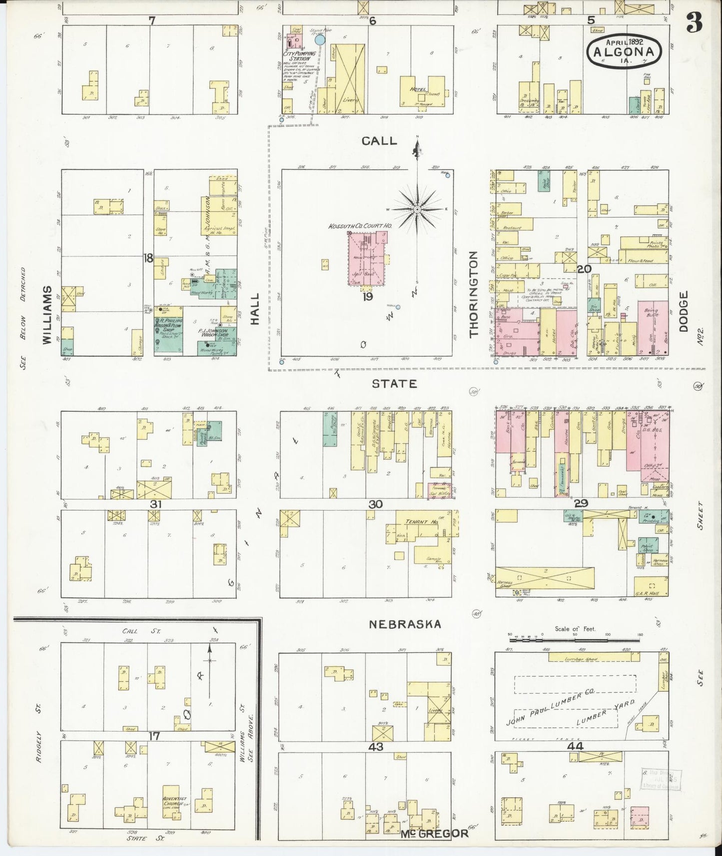 Sanborn Fire Insurance Map from Algona, Kossuth County, Iowa (1892), Sheet #0003 - Historic Sanborn Fire Insurance Map Print, vintage old map wall art
