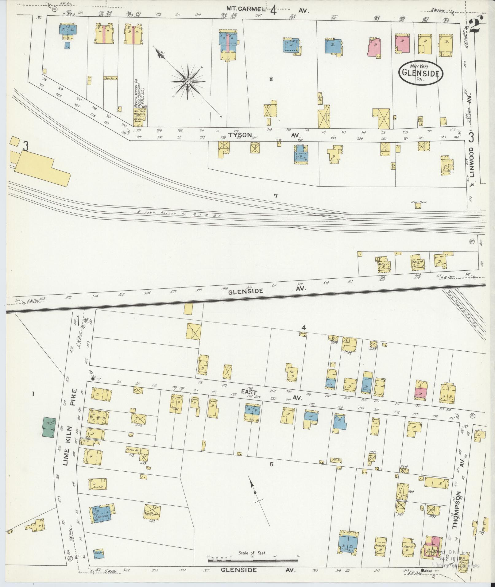 Sanborn Fire Insurance Map from Glenside, Montgomery County, Pennsylvania (1909), Sheet #0002 - Historic Sanborn Fire Insurance Map Print, vintage old map wall art, antique decor, genealogy gift, Pennsylvania Pennsylvania map