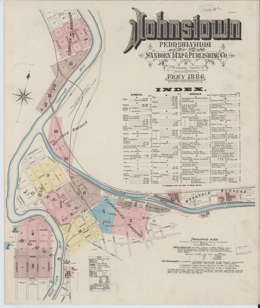 Sanborn Fire Insurance Map from Johnstown, Cambria County, Pennsylvania (1886), Sheet #0001 - Historic Sanborn Fire Insurance Map Print, vintage old map wall art, antique decor, genealogy gift, Pennsylvania Pennsylvania map