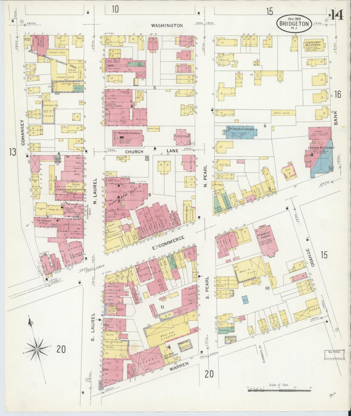 Sanborn Fire Insurance Map from Bridgeton, Cumberland County, New Jersey (1908), Sheet #0014 - Complete Map Set gallery image, historic Sanborn map, vintage wall art, New Jersey New Jersey