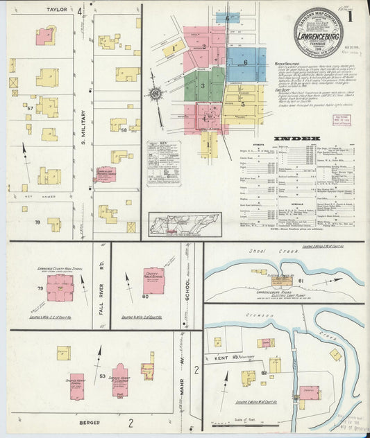 Sanborn Fire Insurance Map from Lawrenceburg, Lawrence County, Tennessee (1916), Sheet #0001 - Complete Map Set gallery image, historic Sanborn map, vintage wall art, Tennessee Tennessee