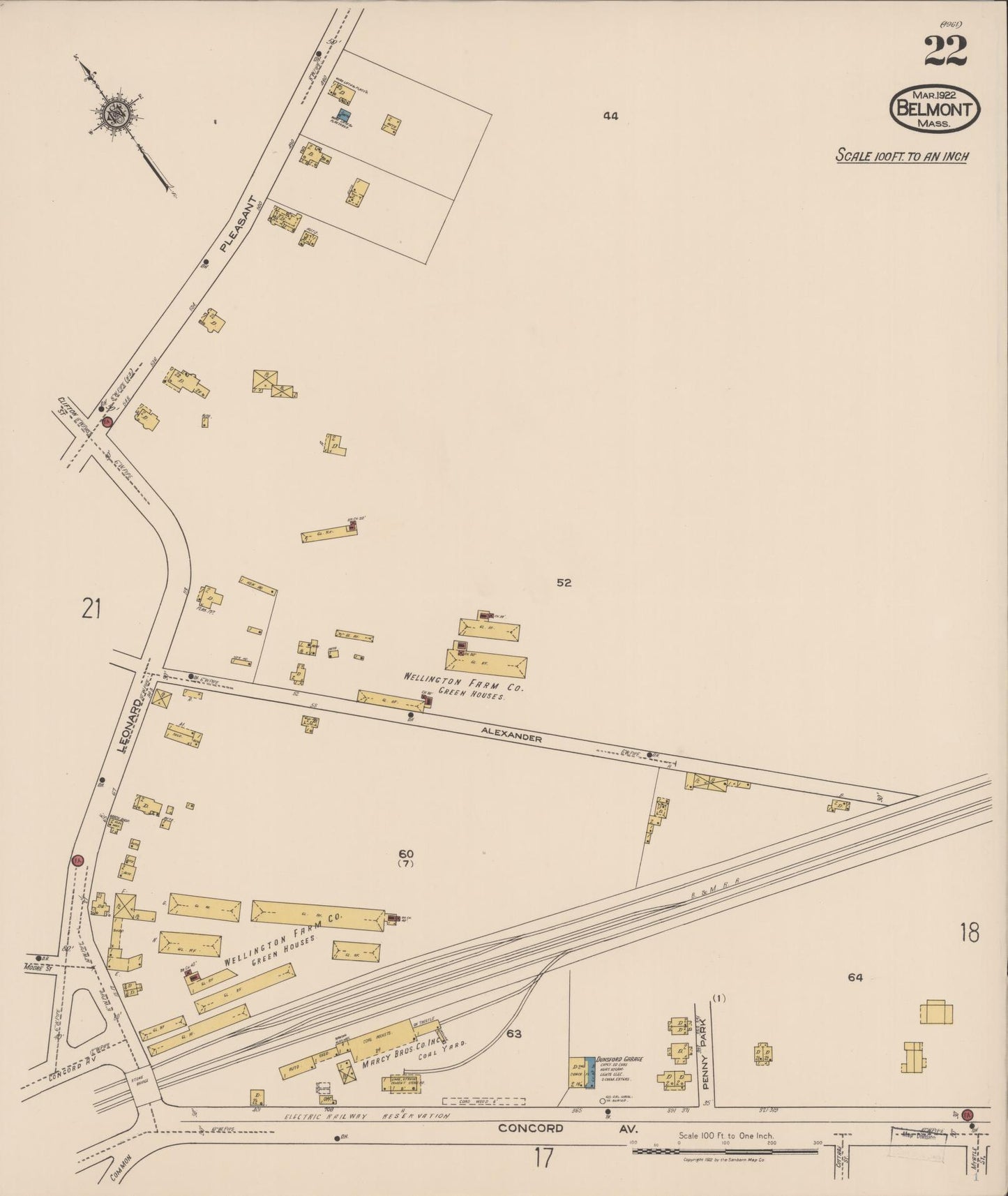Sanborn Fire Insurance Map from Belmont, Middlesex County, Massachusetts (1922), Sheet #0022 - Historic Sanborn Fire Insurance Map Print, vintage old map wall art, antique decor, genealogy gift, Massachusetts Massachusetts map