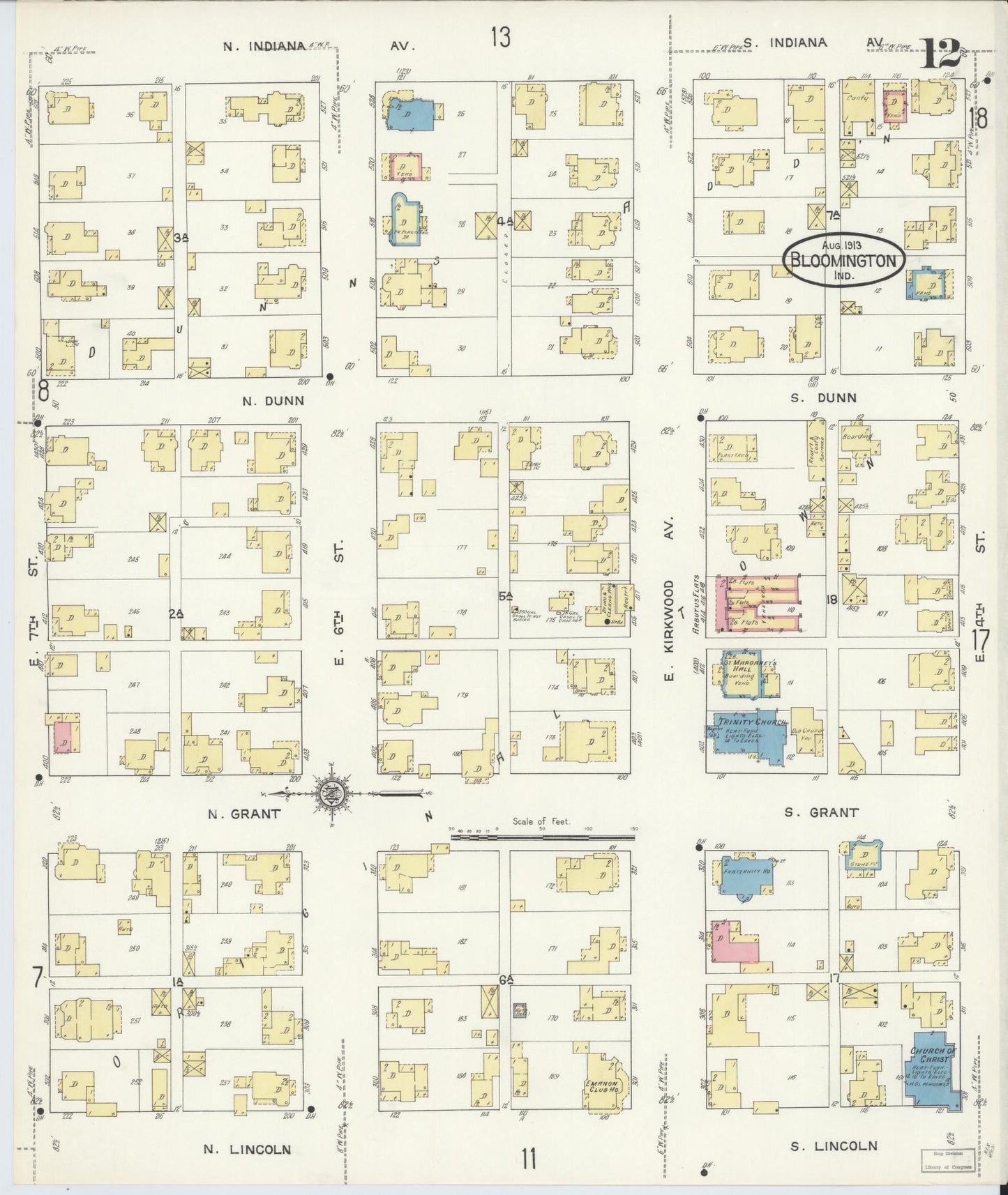 Sanborn Fire Insurance Map from Bloomington, Monroe County, Indiana (1913), Sheet #0012 - Complete Map Set gallery image, historic Sanborn map, vintage wall art, Indiana Indiana