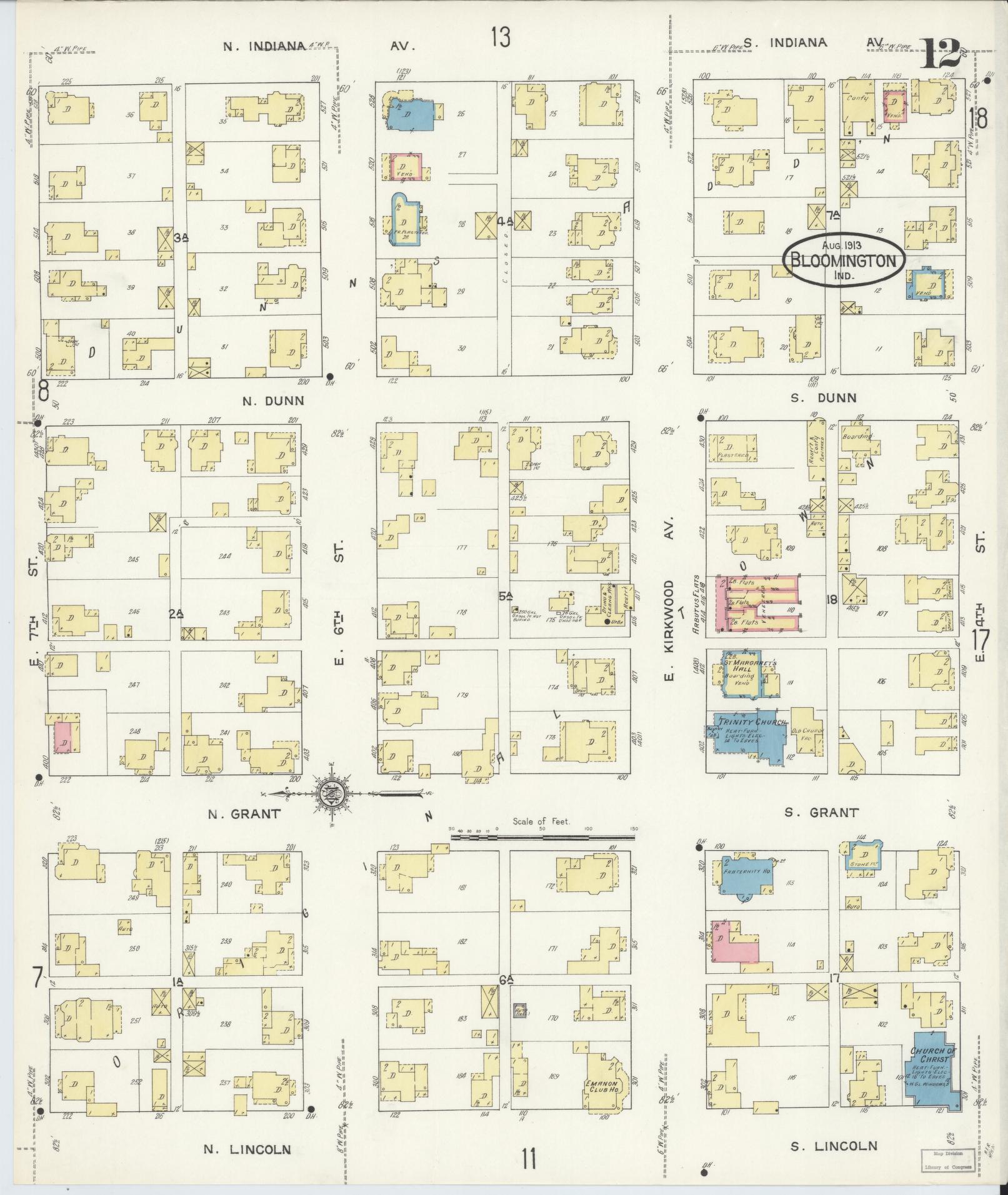 Sanborn Fire Insurance Map from Bloomington, Monroe County, Indiana (1913), Sheet #0012 - Complete Map Set gallery image, historic Sanborn map, vintage wall art, Indiana Indiana
