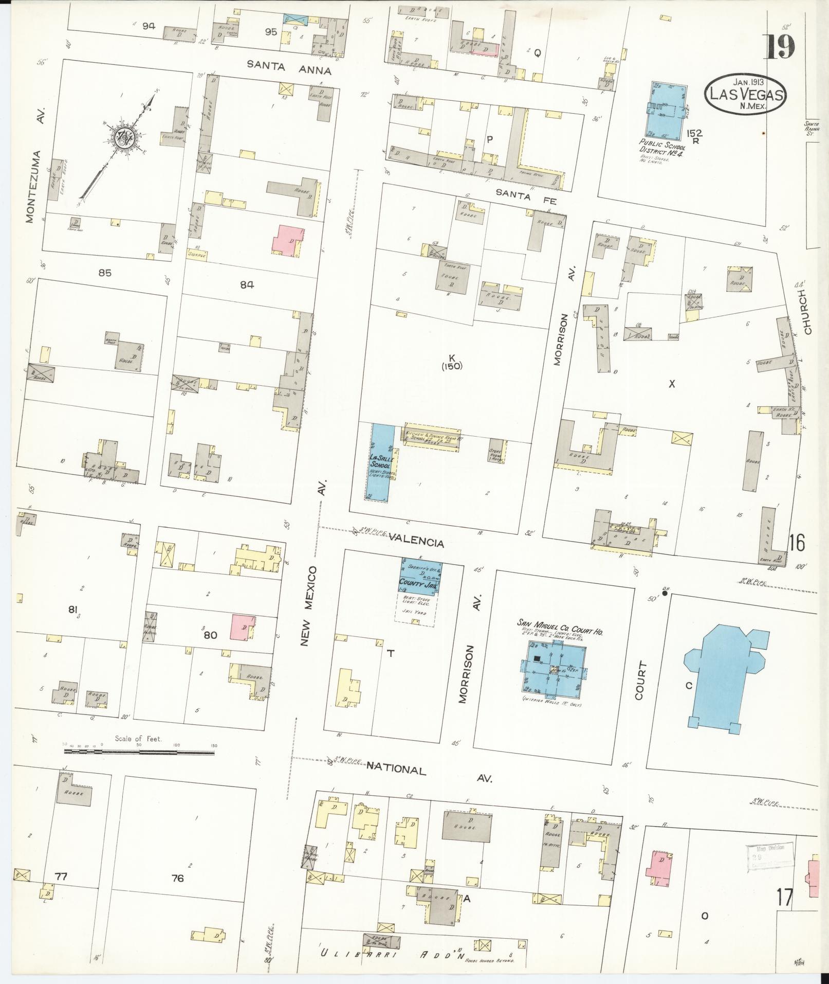Sanborn Fire Insurance Map from Las Vegas, San Miguel County, New Mexico (1913), Sheet #0019 - Historic Sanborn Fire Insurance Map Print, vintage old map wall art, antique decor, genealogy gift, New Mexico New Mexico map