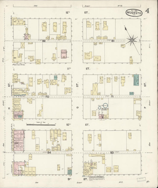 Sanborn Fire Insurance Map from Modesto, Stanislaus County, California (1888), Sheet #0004 - Historic Sanborn Fire Insurance Map Print, vintage old map wall art, antique decor, genealogy gift, California California map