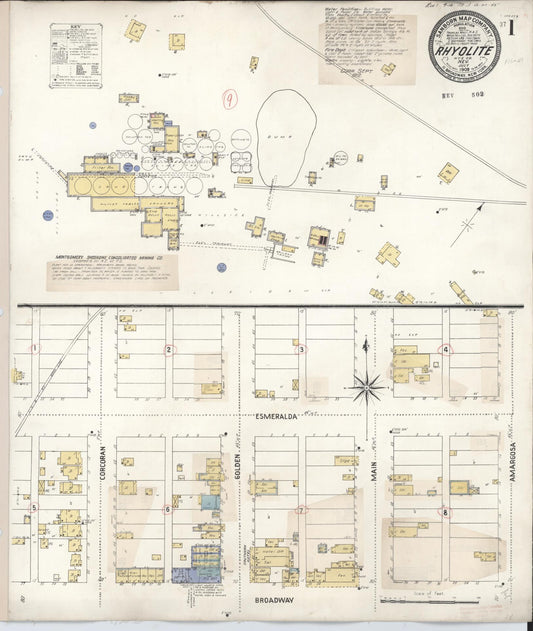 Sanborn Fire Insurance Map from Rhyolite, Nye County, Nevada (1912), Sheet #0001 - Historic Sanborn Fire Insurance Map Print, vintage old map wall art, antique decor, genealogy gift, Nevada Nevada map