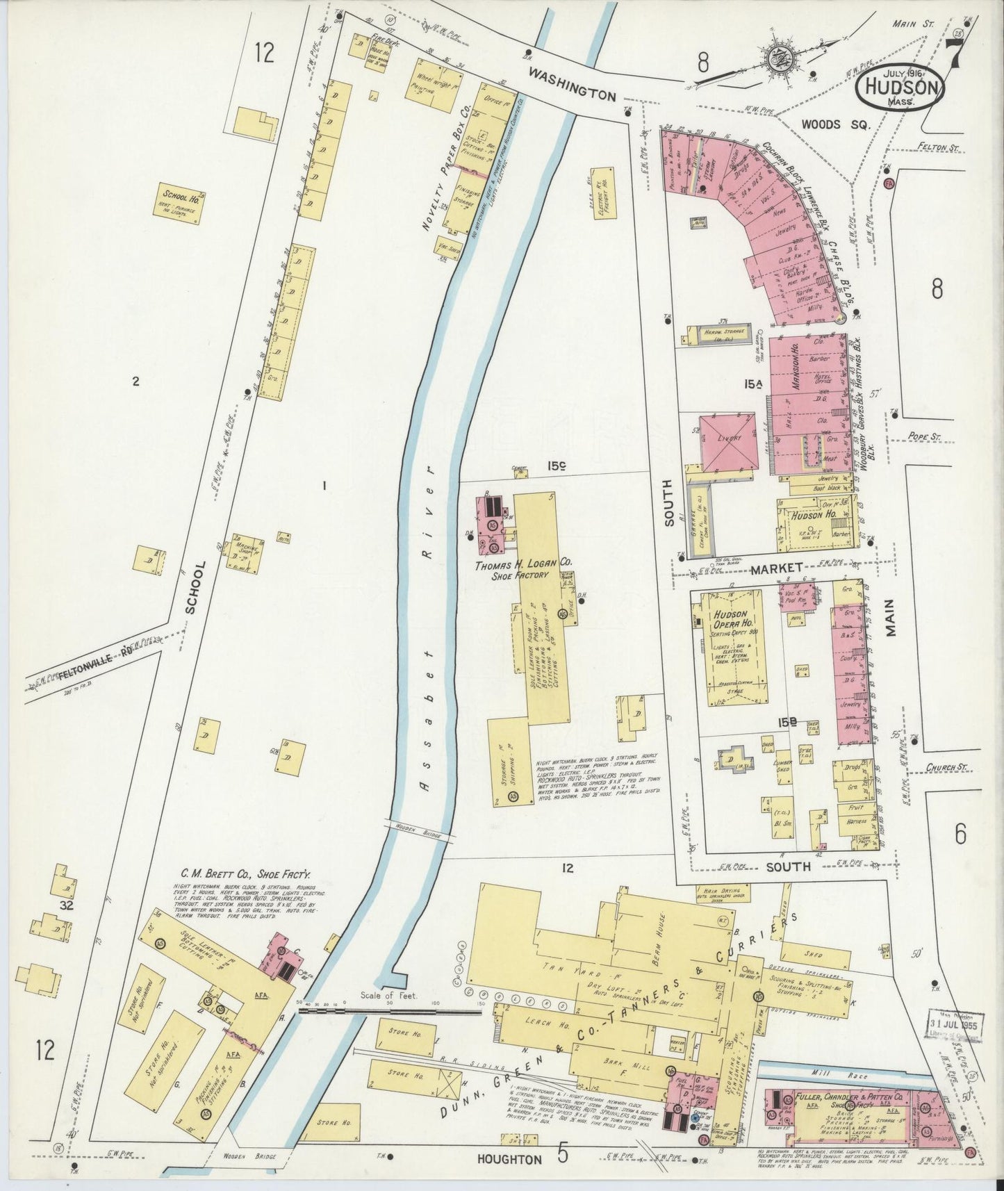 Sanborn Fire Insurance Map from Hudson, Middlesex County, Massachusetts (1916), Sheet #0007 - Historic Sanborn Fire Insurance Map Print, vintage old map wall art, antique decor, genealogy gift, Massachusetts Massachusetts map