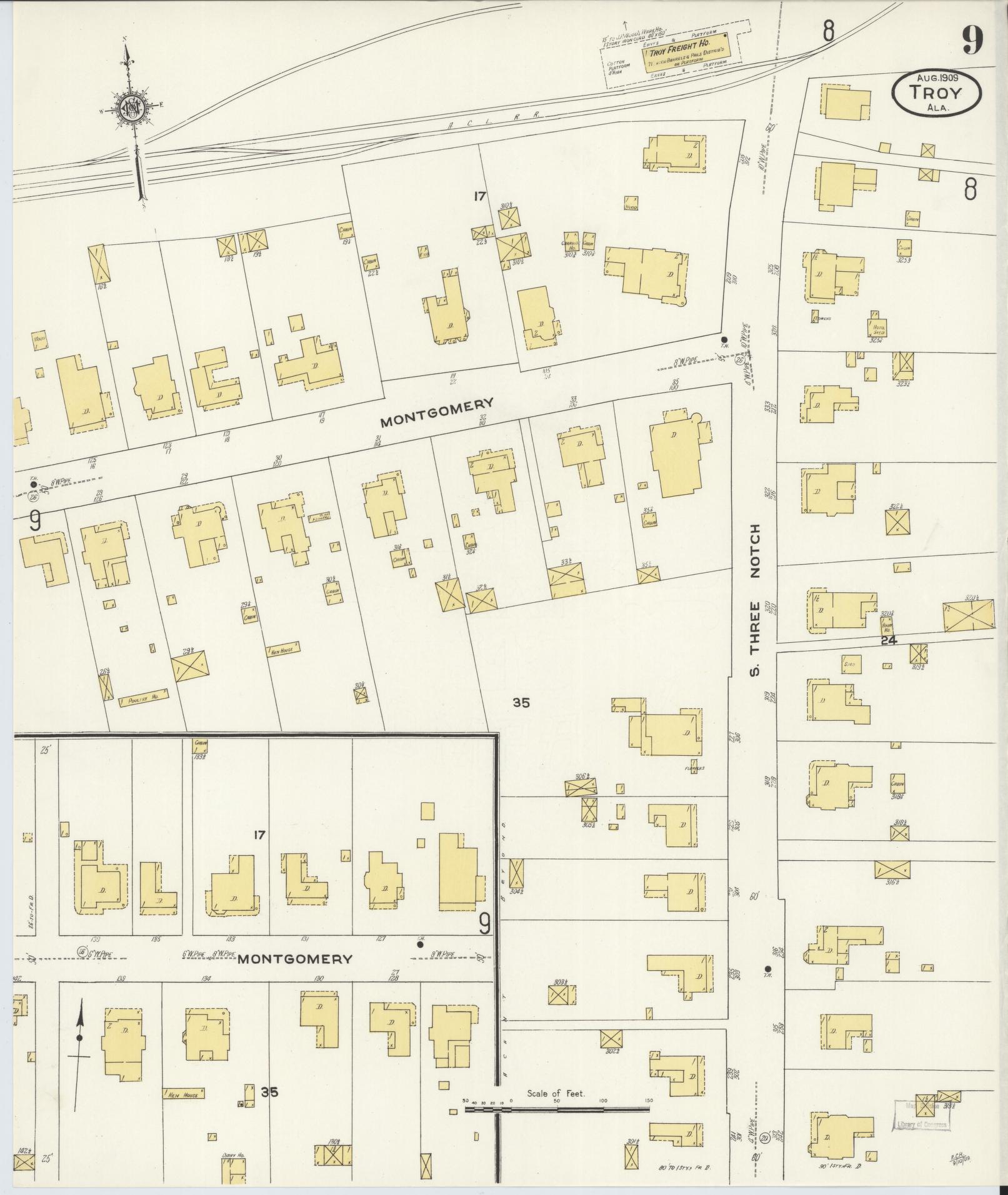 Sanborn Fire Insurance Map from Troy, Pike County, Alabama (1909), Sheet #0009 - Complete Map Set gallery image, historic Sanborn map, vintage wall art, Alabama Alabama