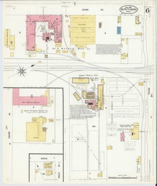 Sanborn Fire Insurance Map from South Pittsburg, Marion County, Tennessee (1907), Sheet #0006 - Historic Sanborn Fire Insurance Map Print, vintage old map wall art, antique decor, genealogy gift, Tennessee Tennessee map