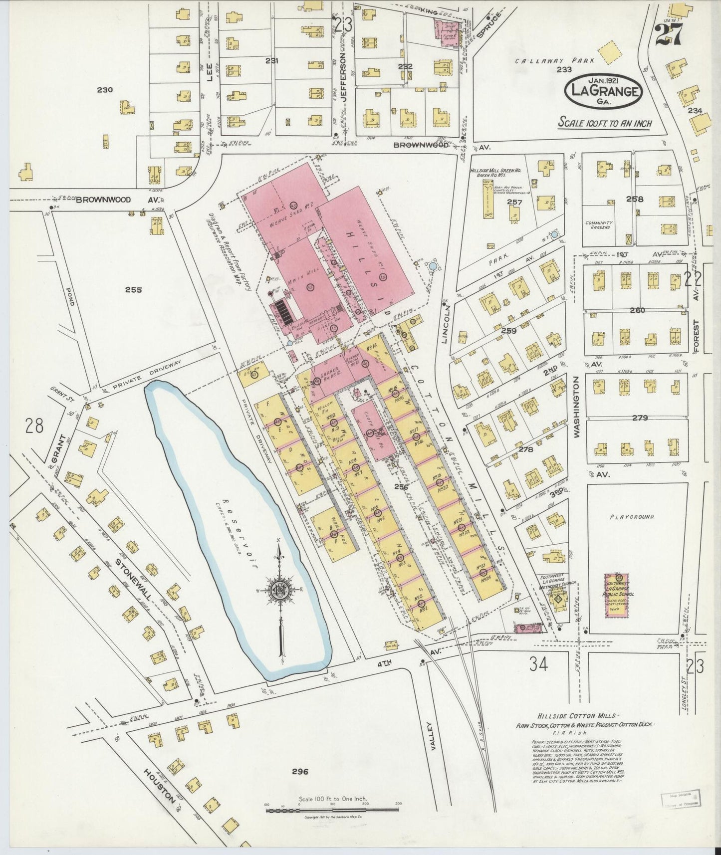 Sanborn Fire Insurance Map from La Grange, Troup County, Georgia (1921), Sheet #0027 - Historic Sanborn Fire Insurance Map Print, vintage old map wall art, antique decor, genealogy gift, Georgia Georgia map