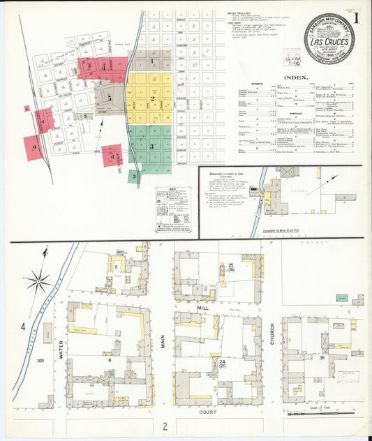 Sanborn Fire Insurance Map from Las Cruces, Dona Ana County, New Mexico (1908), Sheet #0001 - Historic Sanborn Fire Insurance Map Print, vintage old map wall art, antique decor, genealogy gift, New Mexico New Mexico map