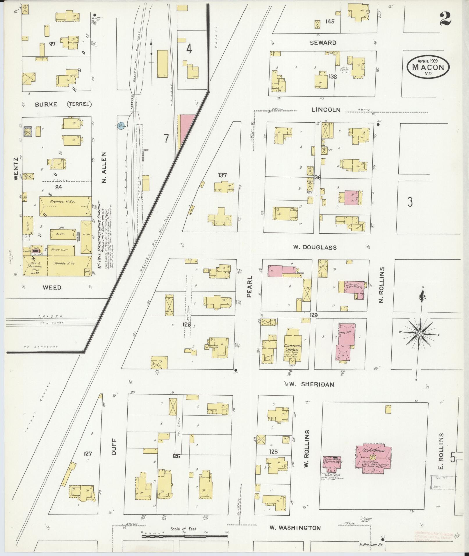 Sanborn Fire Insurance Map from Macon, Macon County, Missouri (1909), Sheet #0002 - Historic Sanborn Fire Insurance Map Print, vintage old map wall art, antique decor, genealogy gift, Missouri Missouri map