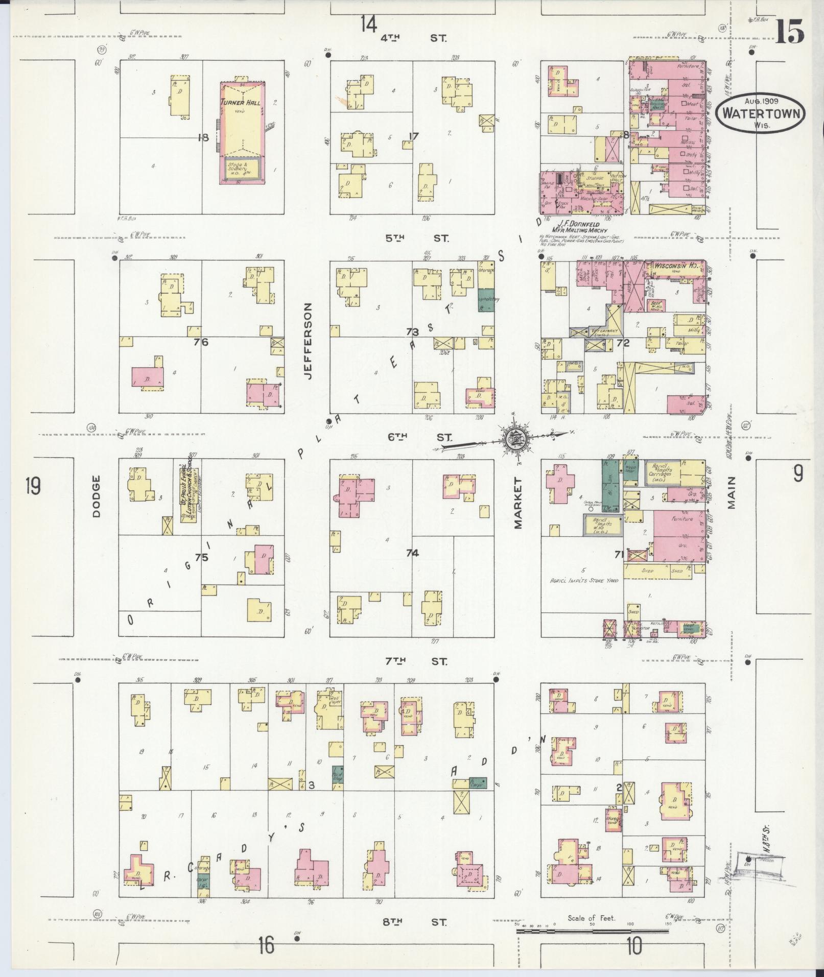 Sanborn Fire Insurance Map from Watertown, Jefferson County, Wisconsin (1909), Sheet #0015 - Historic Sanborn Fire Insurance Map Print, vintage old map wall art, antique decor, genealogy gift, Wisconsin Wisconsin map