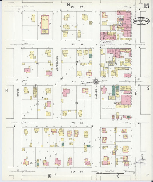Sanborn Fire Insurance Map from Watertown, Jefferson County, Wisconsin (1909), Sheet #0015 - Historic Sanborn Fire Insurance Map Print, vintage old map wall art, antique decor, genealogy gift, Wisconsin Wisconsin map