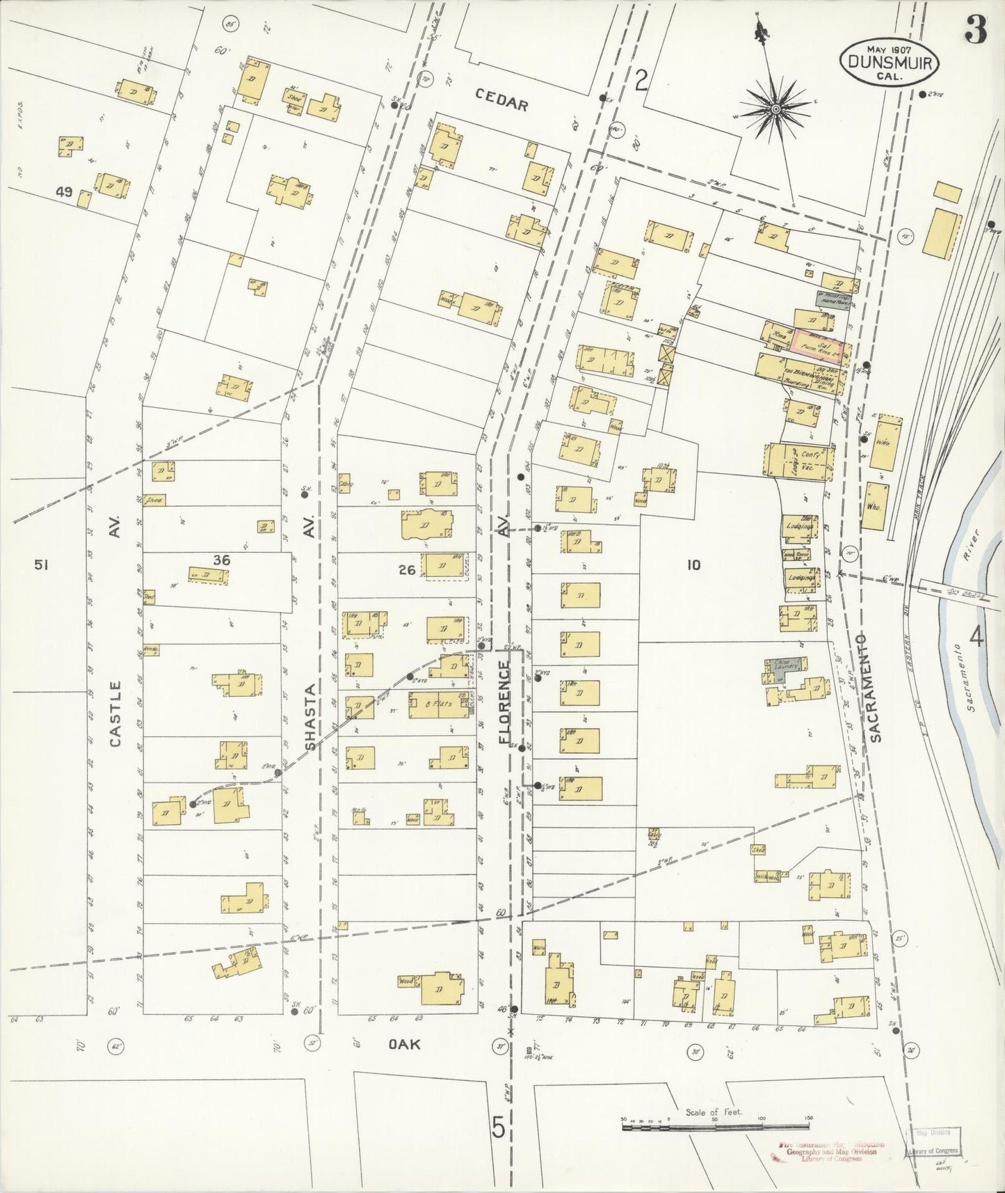 Sanborn Fire Insurance Map from Dunsmuir, Siskiyou County, California (1907), Sheet #0003 - Complete Map Set gallery image, historic Sanborn map, vintage wall art, California California