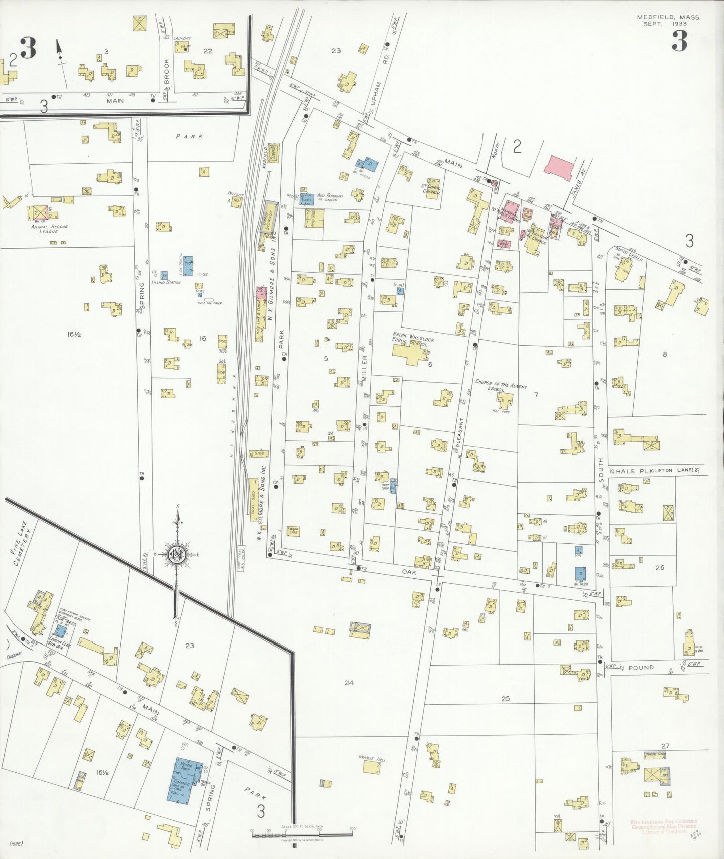 Sanborn Fire Insurance Map from Medfield, Norfolk County, Massachusetts (1933), Sheet #0003 - Complete Map Set gallery image, historic Sanborn map, vintage wall art, Massachusetts Massachusetts