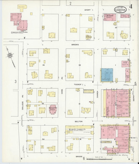 Sanborn Fire Insurance Map from Cameron, Milam County, Texas (1912), Sheet #0004 - Historic Sanborn Fire Insurance Map Print, vintage old map wall art, antique decor, genealogy gift, Texas Texas map