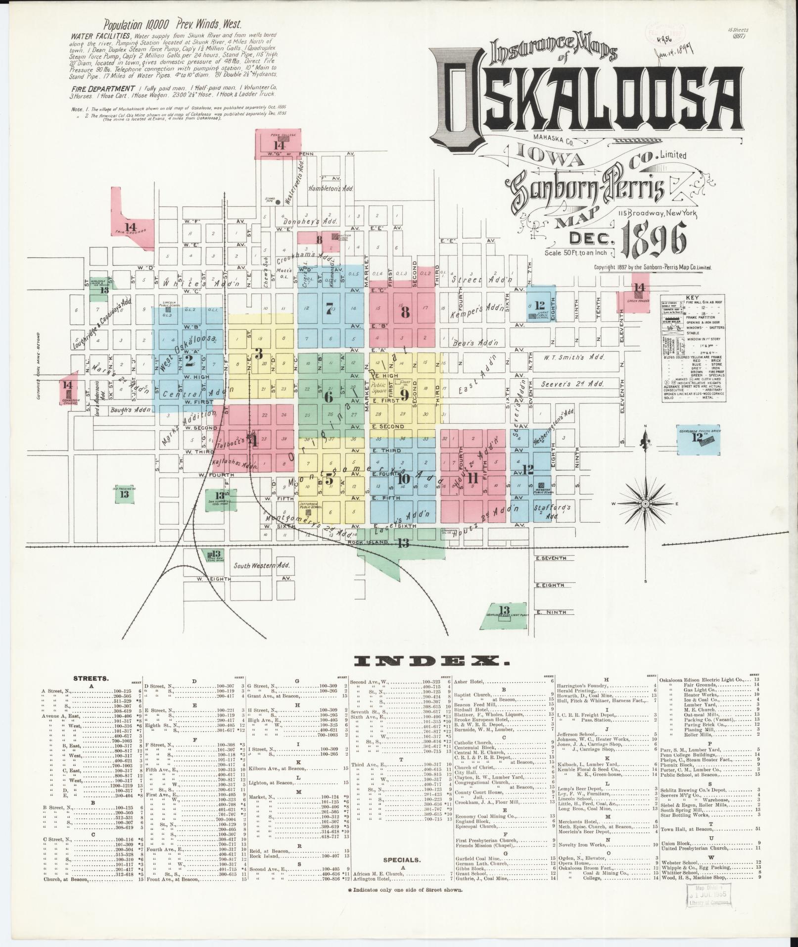 Sanborn Fire Insurance Map from Oskaloosa, Mahaska County, Iowa (1896), Sheet #0001 - Historic Sanborn Fire Insurance Map Print