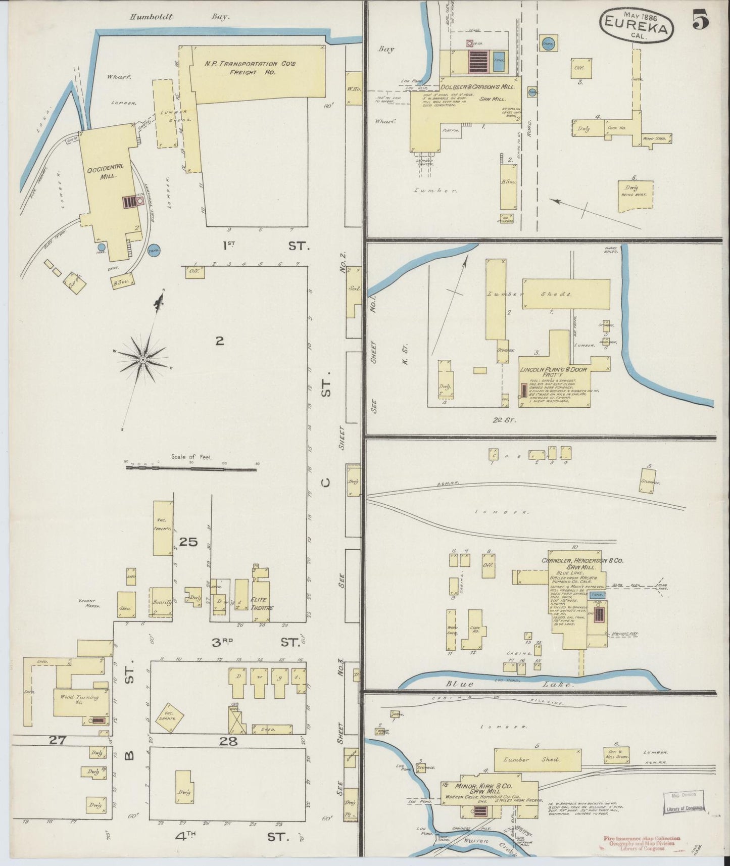 Sanborn Fire Insurance Map from Eureka, Humboldt County, California (1886), Sheet #0005 - Complete Map Set gallery image, historic Sanborn map, vintage wall art, California California