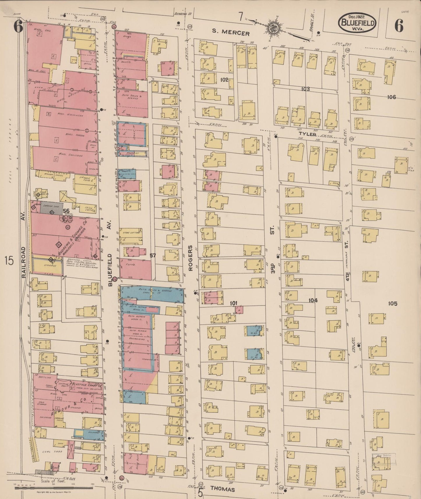 Sanborn Fire Insurance Map from Bluefield, Mercer County, West Virginia (1922), Sheet #0006 - Historic Sanborn Fire Insurance Map Print, vintage old map wall art, antique decor, genealogy gift, West Virginia West Virginia map
