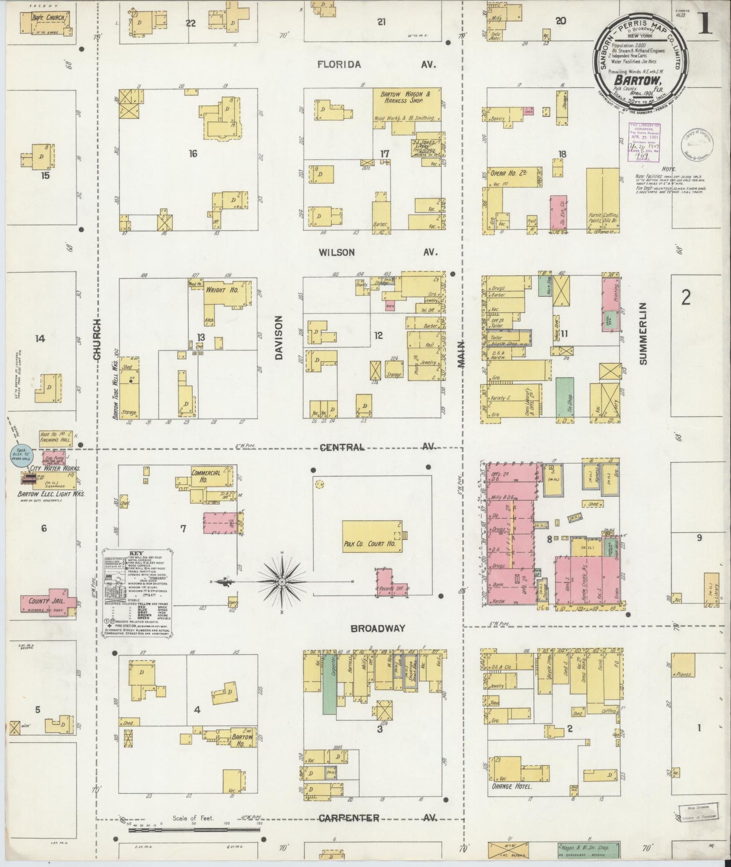Sanborn Fire Insurance Map from Bartow, Polk County, Florida (1901), Sheet #0001 - Complete Map Set gallery image, historic Sanborn map, vintage wall art, Florida Florida
