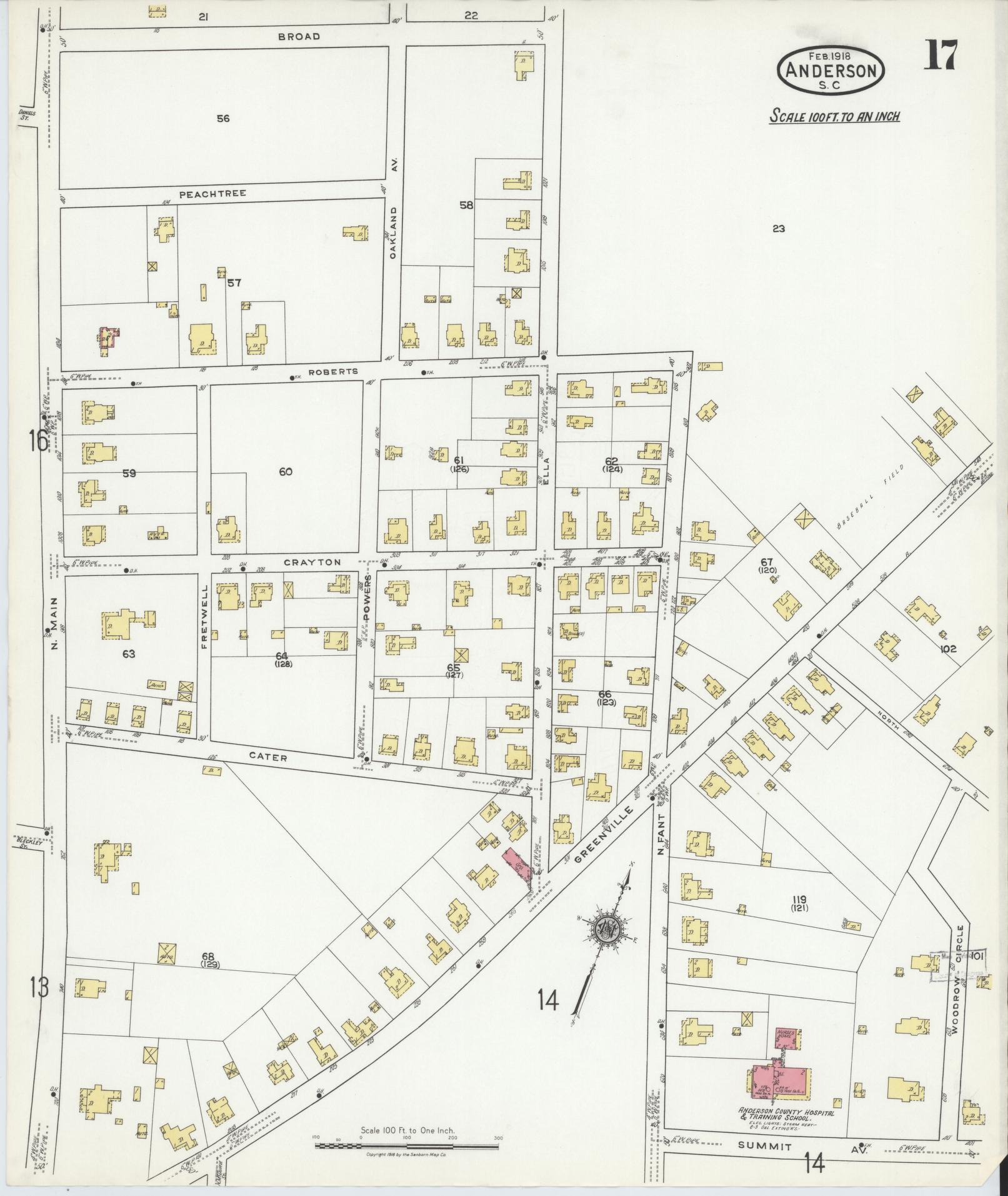 Sanborn Fire Insurance Map from Anderson, Anderson County, South Carolina (1918), Sheet #0017 - Complete Map Set gallery image, historic Sanborn map, vintage wall art, South Carolina South Carolina