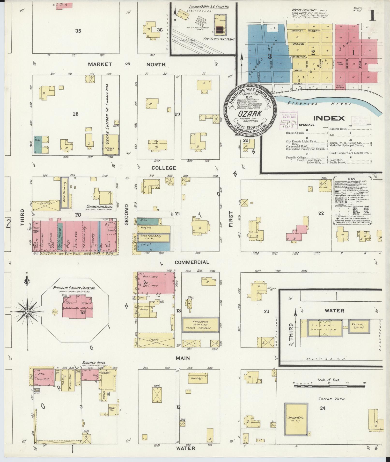 Sanborn Fire Insurance Map from Ozark, Franklin County, Arkansas (1909), Sheet #0001 - Historic Sanborn Fire Insurance Map Print, vintage old map wall art, antique decor, genealogy gift, Arkansas Arkansas map