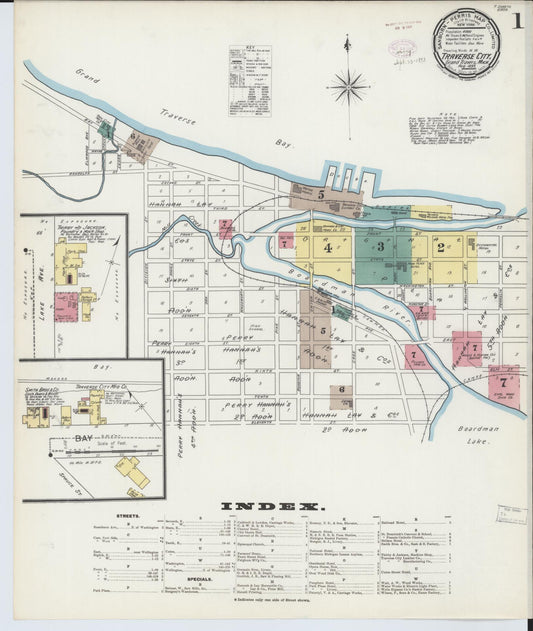 Sanborn Fire Insurance Map from Traverse City, Grand Traverse County, Michigan (1893), Sheet #0001 - Complete Map Set gallery image, historic Sanborn map, vintage wall art, Michigan Michigan