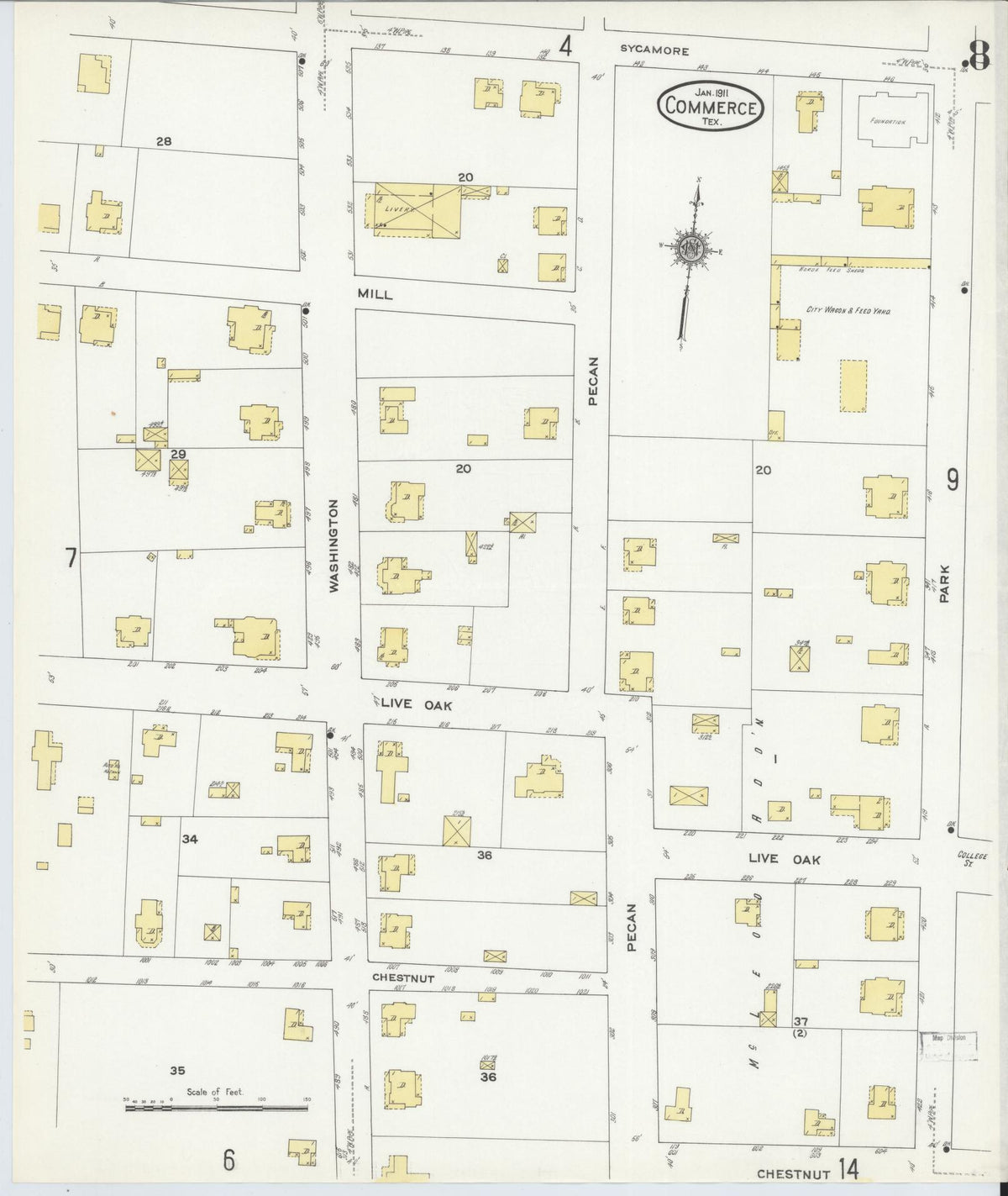 Sanborn Fire Insurance Map from Commerce, Hunt County, Texas (1911), Sheet #0008 - Historic Sanborn Fire Insurance Map Print, vintage old map wall art, antique decor, genealogy gift, Texas Texas map