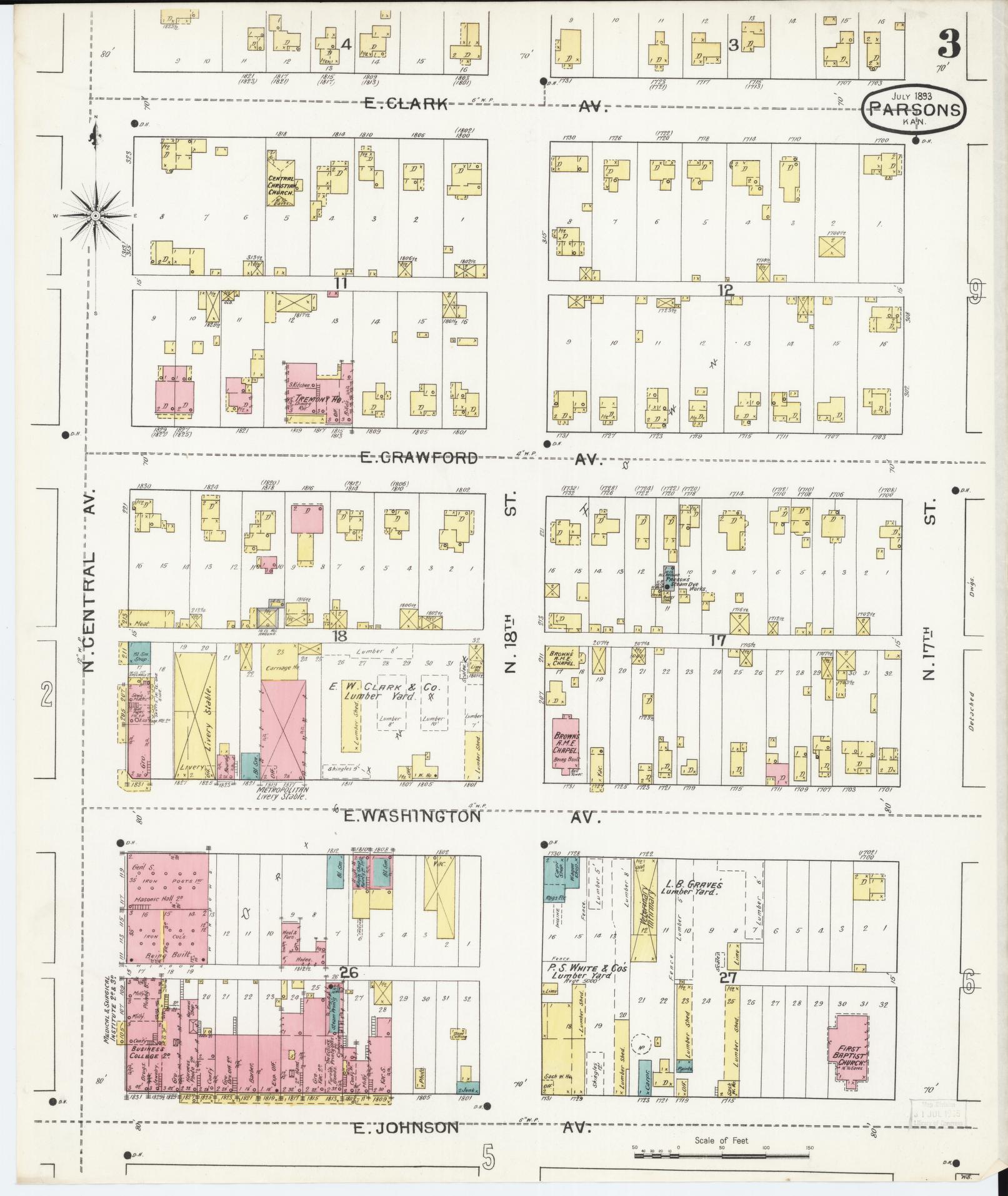 Sanborn Fire Insurance Map from Parsons, Labette County, Kansas (1893), Sheet #0003 - Historic Sanborn Fire Insurance Map Print, vintage old map wall art, antique decor, genealogy gift, Kansas Kansas map