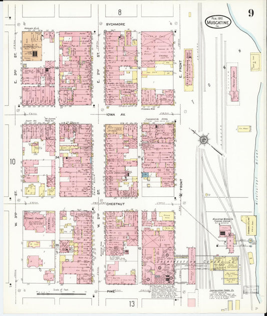 Sanborn Fire Insurance Map from Muscatine, Muscatine County, Iowa (1912), Sheet #0009 - Historic Sanborn Fire Insurance Map Print, vintage old map wall art