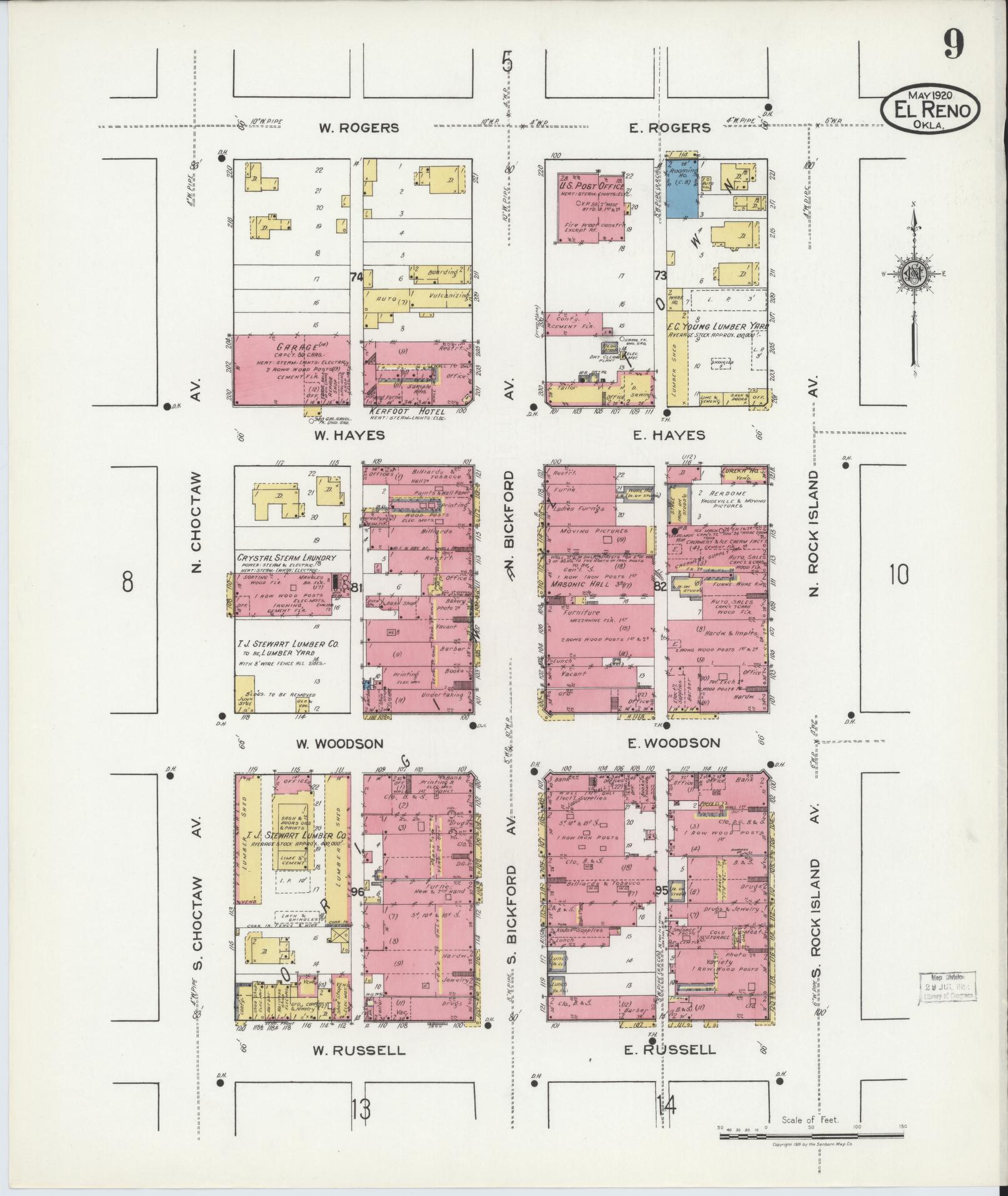 Sanborn Fire Insurance Map from El Reno, Canadian County, Oklahoma (1920), Sheet #0009 - Historic Sanborn Fire Insurance Map Print, vintage old map wall art, antique decor, genealogy gift, Oklahoma Oklahoma map