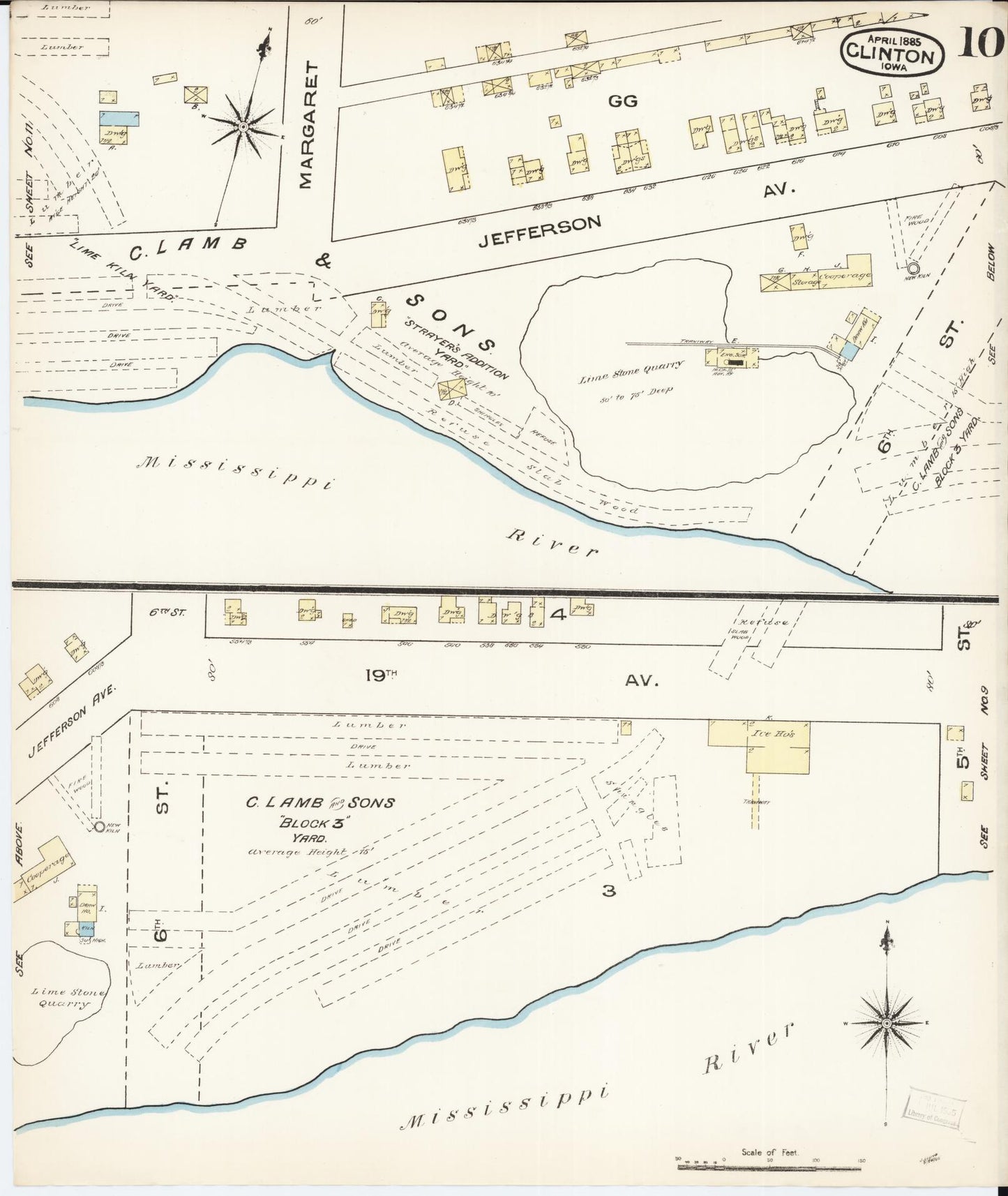 Sanborn Fire Insurance Map from Clinton, Clinton County, Iowa (1885), Sheet #0010 - Historic Sanborn Fire Insurance Map Print, vintage old map wall art