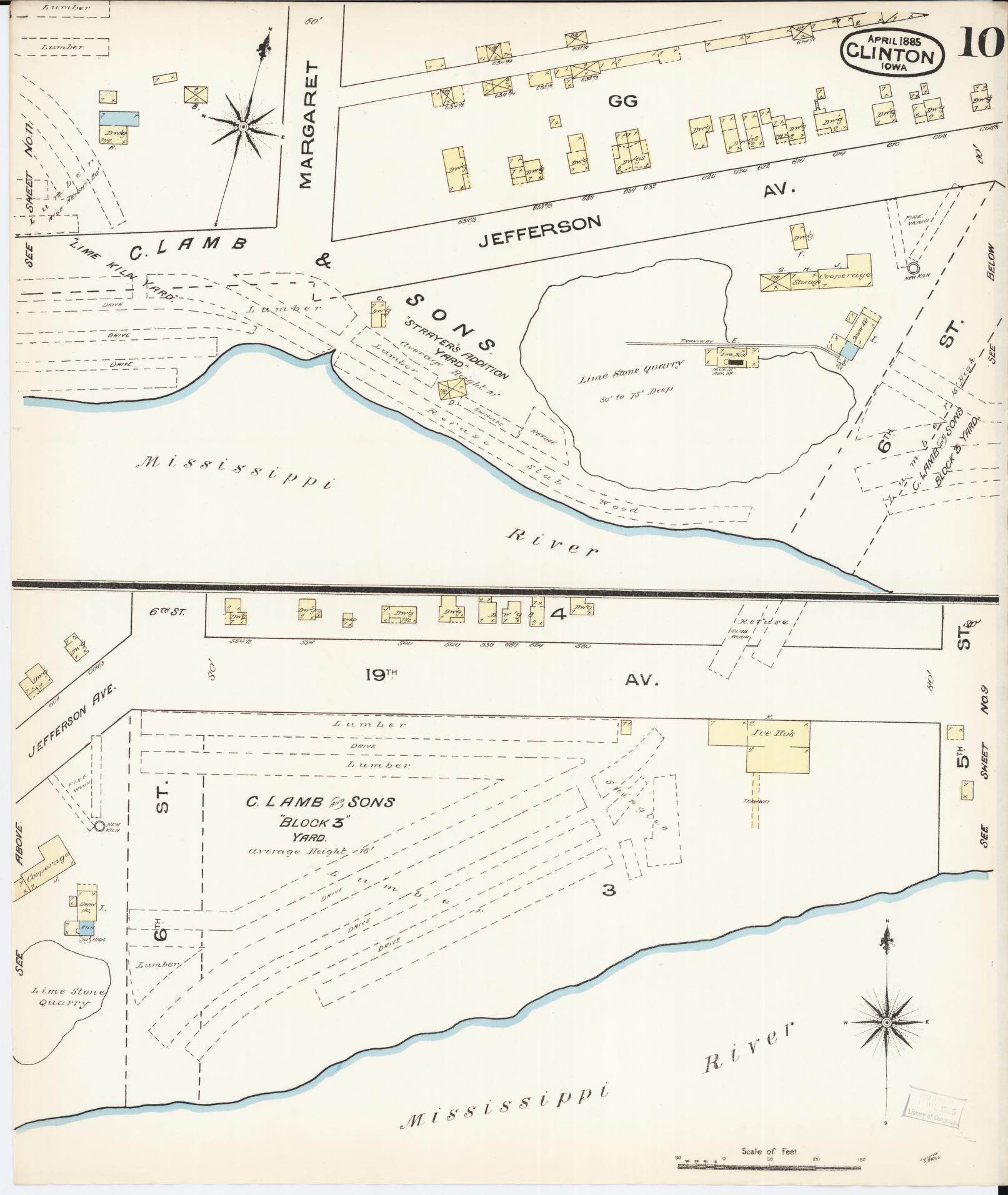 Sanborn Fire Insurance Map from Clinton, Clinton County, Iowa (1885), Sheet #0010 - Historic Sanborn Fire Insurance Map Print, vintage old map wall art