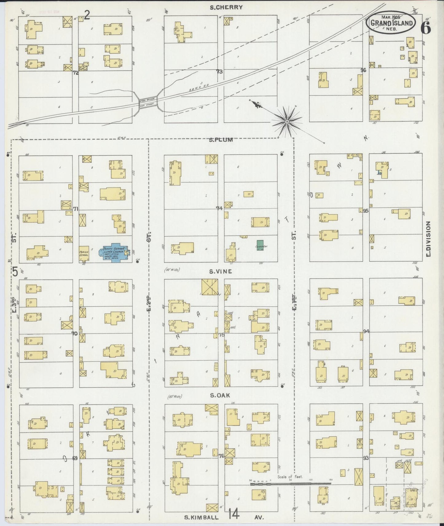 Sanborn Fire Insurance Map from Grand Island, Hall County, Nebraska (1905), Sheet #0006 - Historic Sanborn Fire Insurance Map Print, vintage old map wall art, antique decor, genealogy gift, Nebraska Nebraska map