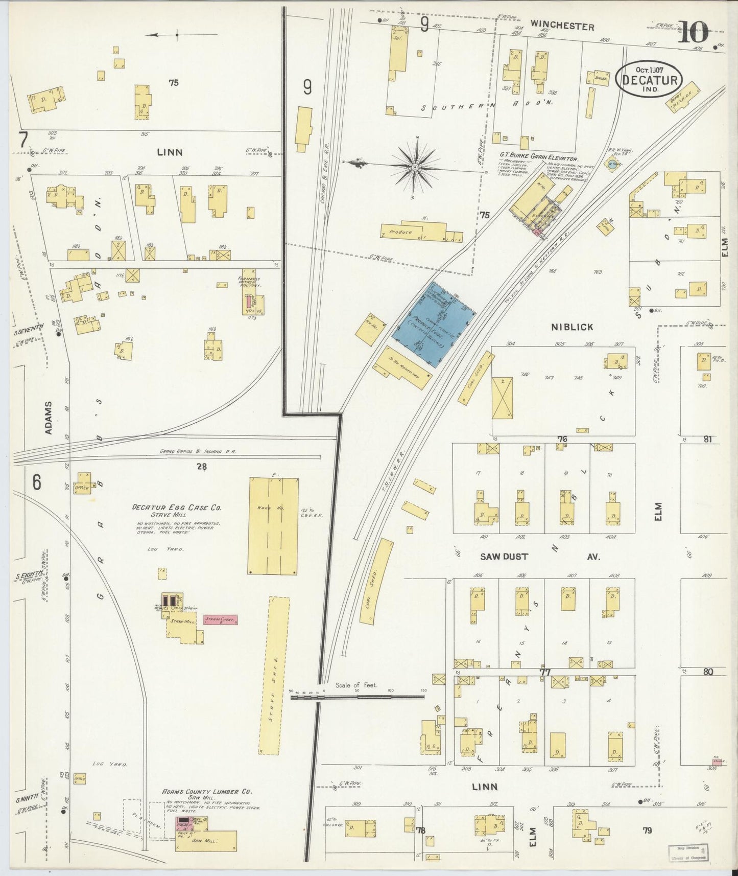 Sanborn Fire Insurance Map from Decatur, Adams County, Indiana (1907), Sheet #0010 - Complete Map Set gallery image, historic Sanborn map, vintage wall art, Indiana Indiana