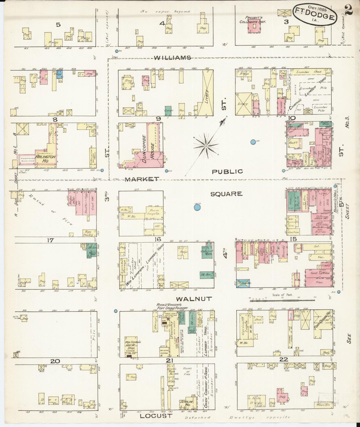 Sanborn Fire Insurance Map from Fort Dodge, Webster County, Iowa (1885), Sheet #0002 - Historic Sanborn Fire Insurance Map Print, vintage old map wall art