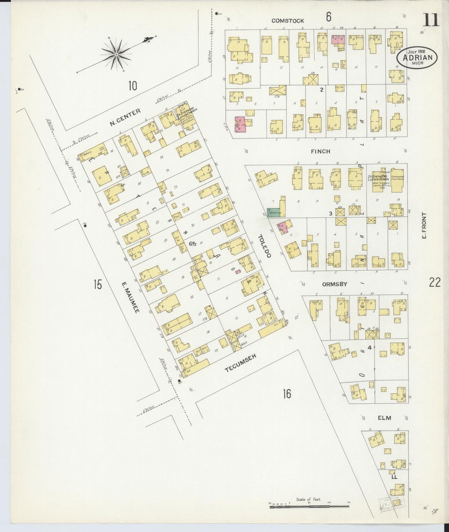 Sanborn Fire Insurance Map from Adrian, Lenawee County, Michigan (1908), Sheet #0011 - Complete Map Set gallery image, historic Sanborn map, vintage wall art, Michigan Michigan