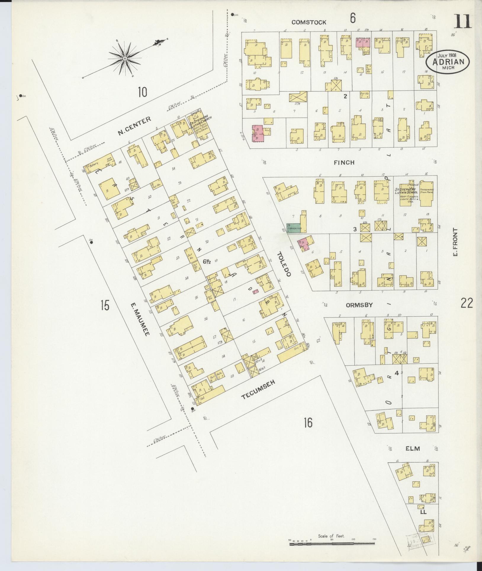 Sanborn Fire Insurance Map from Adrian, Lenawee County, Michigan (1908), Sheet #0011 - Complete Map Set gallery image, historic Sanborn map, vintage wall art, Michigan Michigan