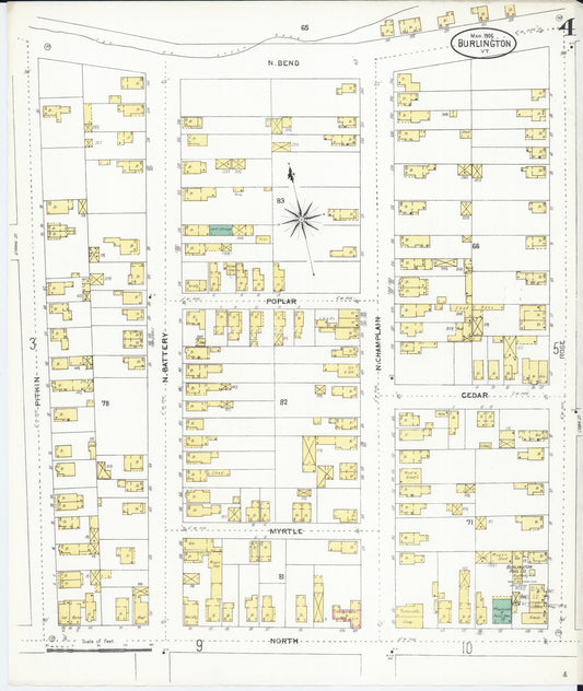 Sanborn Fire Insurance Map from Burlington, Chittenden County, Vermont (1906), Sheet #0004 - Historic Sanborn Fire Insurance Map Print, vintage old map wall art, antique decor, genealogy gift, Vermont Vermont map