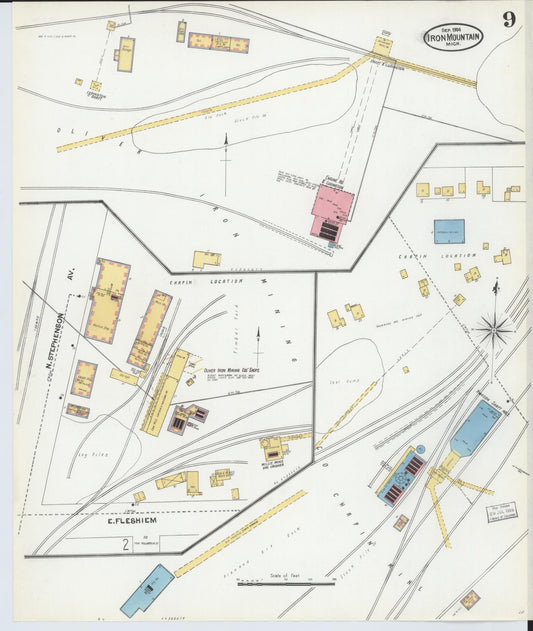Sanborn Fire Insurance Map from Iron Mountain, Dickinson County, Michigan (1904), Sheet #0009 - Historic Sanborn Fire Insurance Map Print, vintage old map wall art, antique decor, genealogy gift, Michigan Michigan map