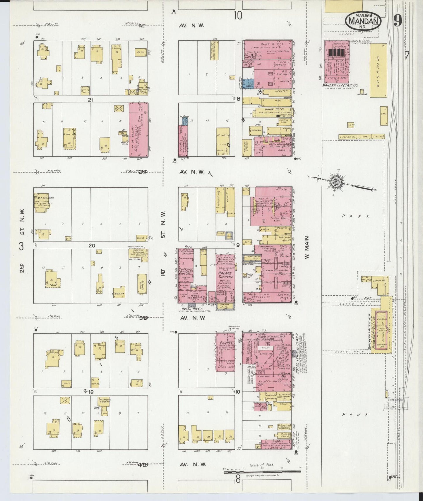 Sanborn Fire Insurance Map from Mandan, Morton County, North Dakota (1919), Sheet #0009 - Historic Sanborn Fire Insurance Map Print, vintage old map wall art, antique decor, genealogy gift, North Dakota North Dakota map