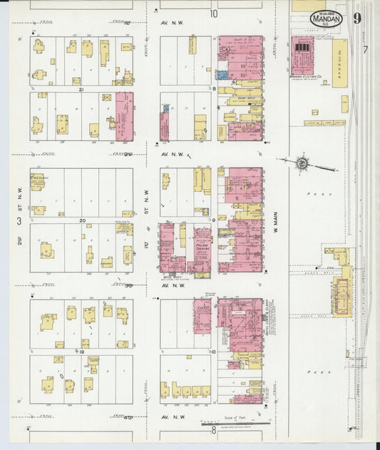 Sanborn Fire Insurance Map from Mandan, Morton County, North Dakota (1919), Sheet #0009 - Historic Sanborn Fire Insurance Map Print, vintage old map wall art, antique decor, genealogy gift, North Dakota North Dakota map