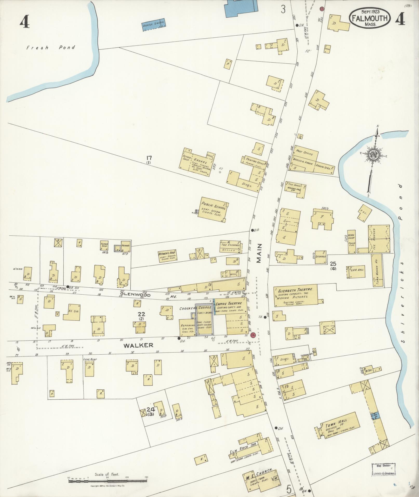 Sanborn Fire Insurance Map from Falmouth, Barnstable County, Massachusetts (1923), Sheet #0004 - Complete Map Set gallery image, historic Sanborn map, vintage wall art, Massachusetts Massachusetts