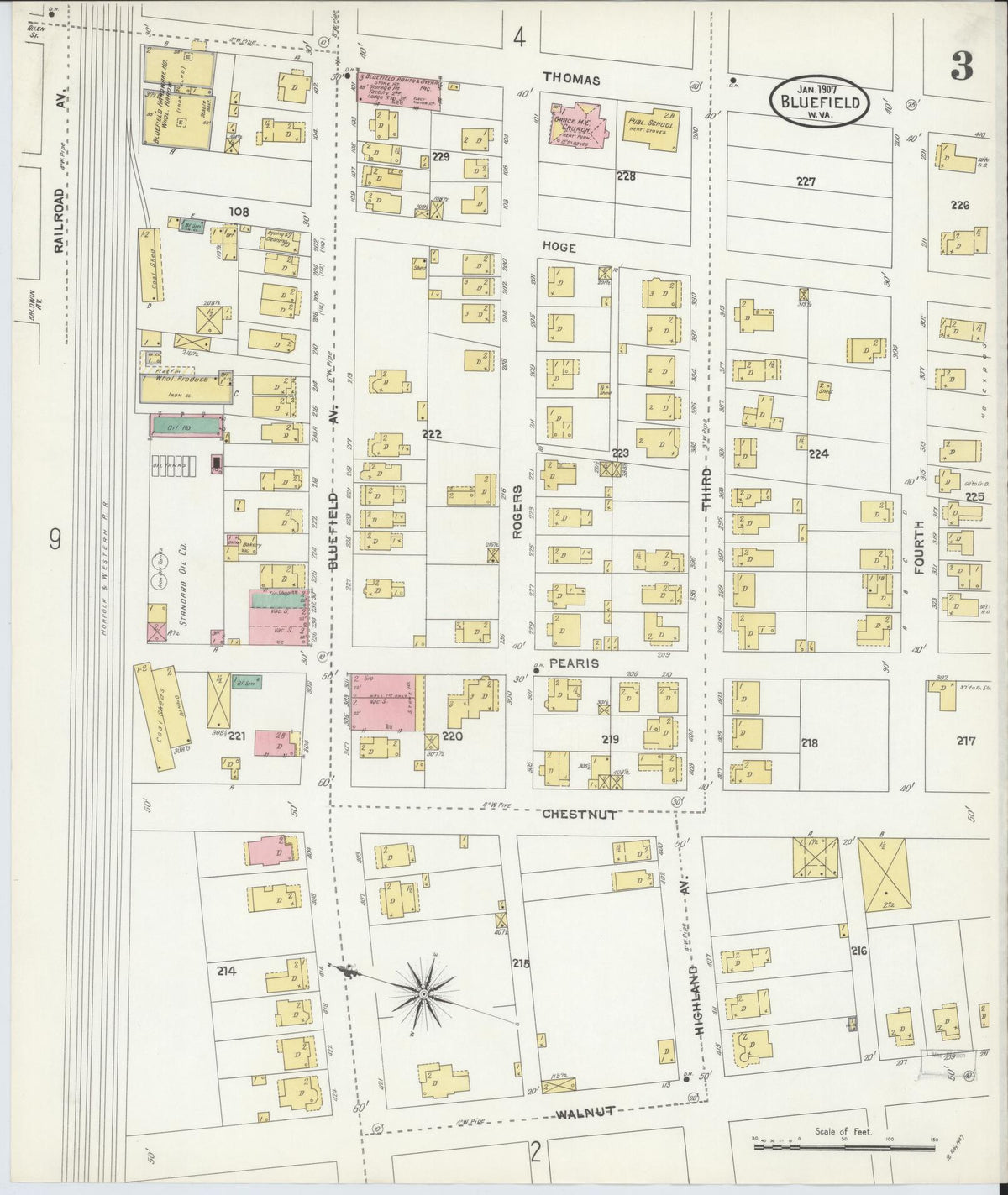Sanborn Fire Insurance Map from Bluefield, Mercer County, West Virginia (1907), Sheet #0003 - Complete Map Set gallery image, historic Sanborn map, vintage wall art, West Virginia West Virginia